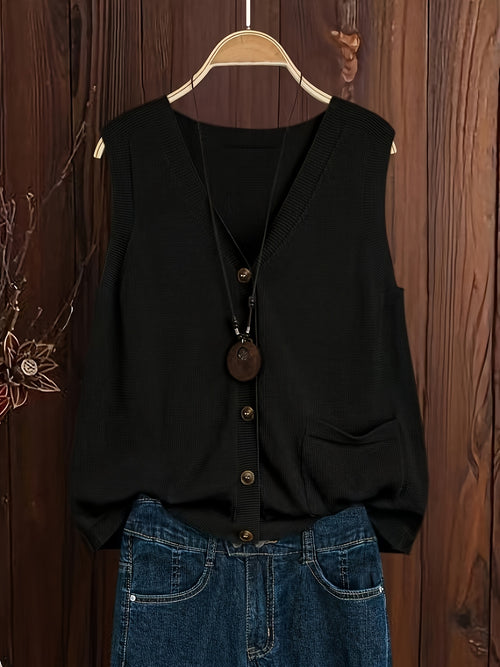 Artistic Vintage Knit Vest Women Loose V-Neck Sleeveless Cardigan Button Down with Pocket Spring Summer 2026 Collection – Acrylic Soft Knit