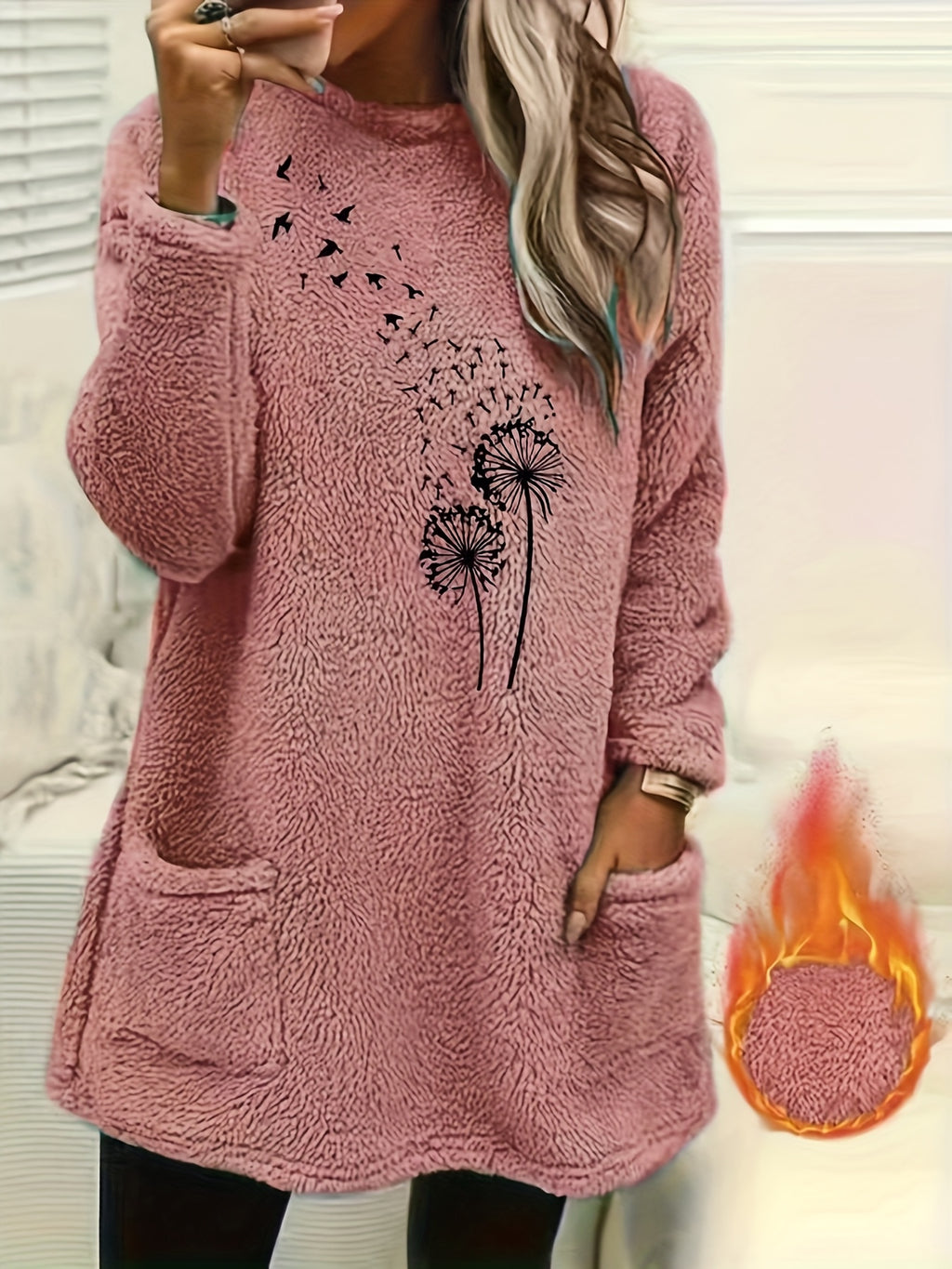 Dandelion Print Sweatshirt Women - Cozy Fleece-Lined Long Sleeve Pullover, Soft Stretch Casual Fall Winter Top, S-XXL