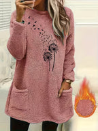 Dandelion Print Sweatshirt Women - Cozy Fleece-Lined Long Sleeve Pullover, Soft Stretch Casual Fall Winter Top, S-XXL