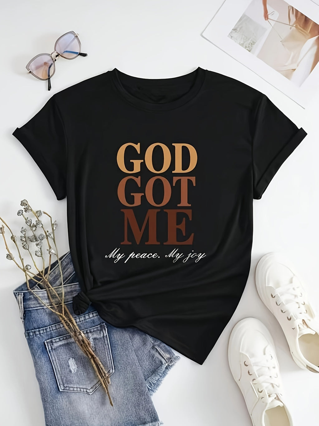 God Got Me My Peace My Joy Women's Christian Graphic T-Shirt Black Crew Neck Faith Letter Print Casual Tee for Summer Spring Fall