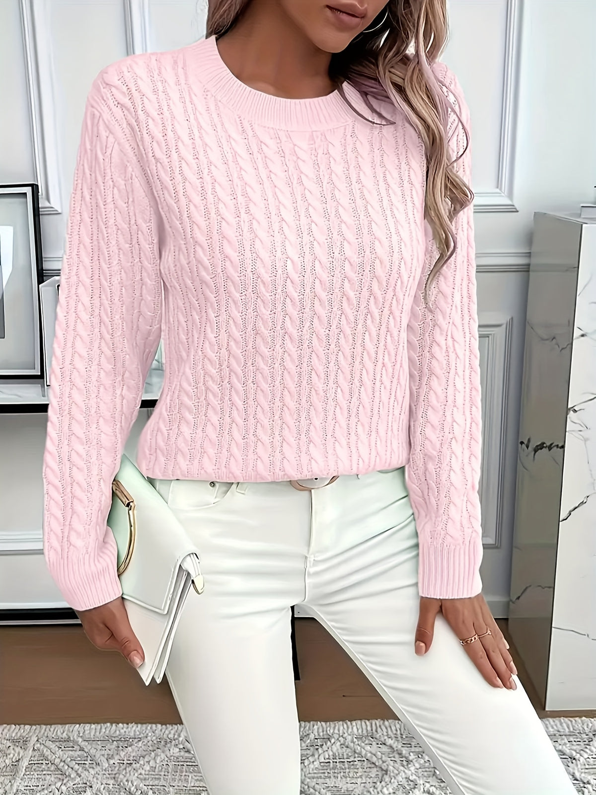 Women's Round Neck Pullover Sweater – Soft Solid Color Knit Top for Casual & Formal Wear, All-Season Layering Essential, Sky Blue, Sizes XS-XXL