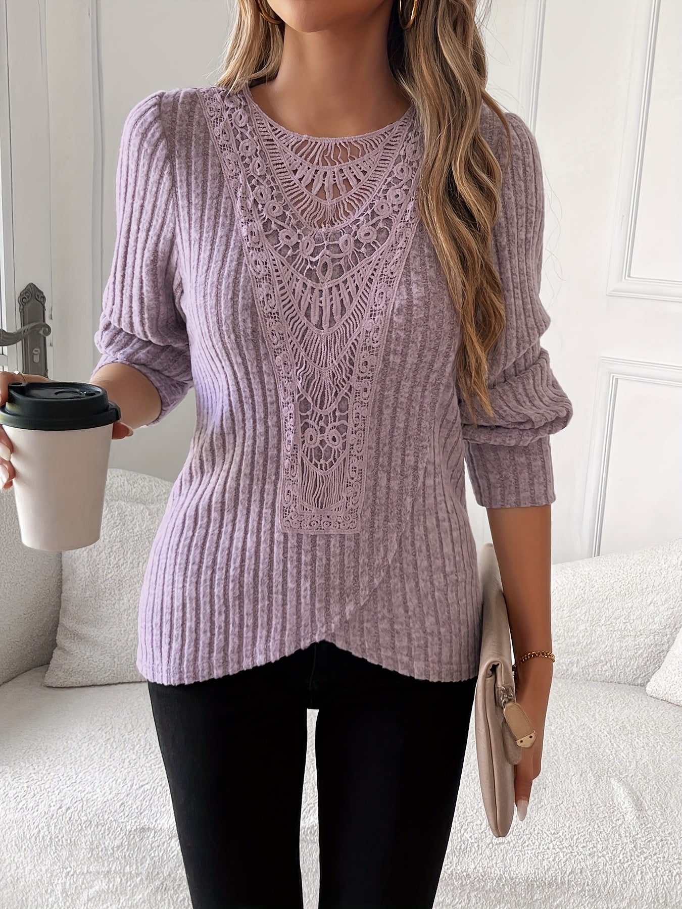 Lace Trim Long Sleeve T-Shirt Women Round Neck Elegant Casual Tops Soft Lightweight Blouse Pink Grey Blue S-XXL US Warehouse