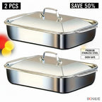 Stainless Steel Baking Pan Set 4-Piece – 2 Deep Roasting Pans & 2 Lidded Pans with Handles, 6-Liter 16.14-Inch Rectangular Baking Dish for Turkey, Lasagna, Fish & Chicken, Dishwasher Safe