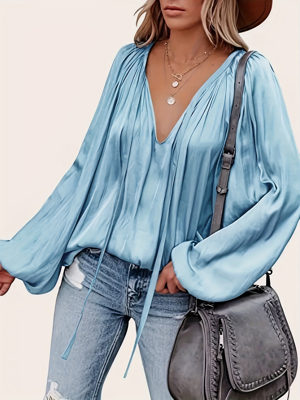 Women's Tie Neck Lantern Sleeve Blouse - Solid Color Ruched Loose Fit Casual Long Sleeve Top for Spring Fall | Comfortable Everyday Wear S-XXL