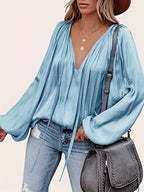 Women's Tie Neck Lantern Sleeve Blouse - Solid Color Ruched Loose Fit Casual Long Sleeve Top for Spring Fall | Comfortable Everyday Wear S-XXL