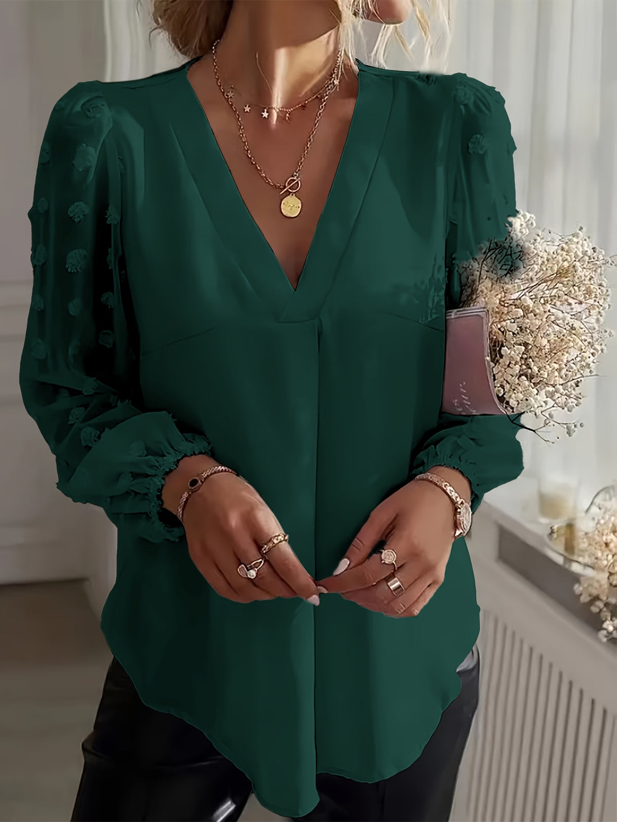 Women's Swiss Dot Patchwork Lantern Sleeve V-Neck Shirt - Elegant Flowy Blouse for Casual Office Date Night | White Black Green Gray S-XXL