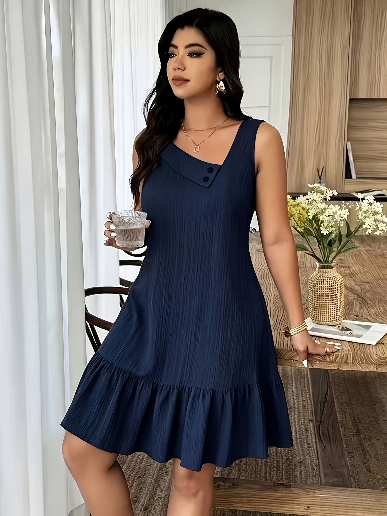 Women's Sleeveless Asymmetric Neck Dress – Solid Color 100% Polyester Woven Spring & Summer Fashion Dress for Casual & Elegant Occasions