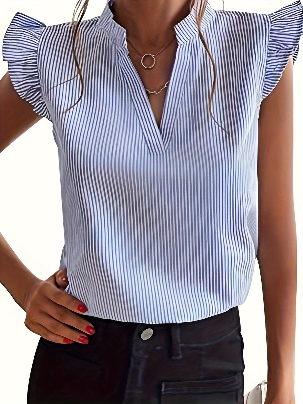 Women's V-Neck Puff Sleeve Loose Striped Blouse Casual Elegant Summer Top Lightweight Flowy Shirt for Women Blue Green Pink Gray S M L XL