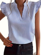 Women's V-Neck Puff Sleeve Loose Striped Blouse Casual Elegant Summer Top Lightweight Flowy Shirt for Women Blue Green Pink Gray S M L XL