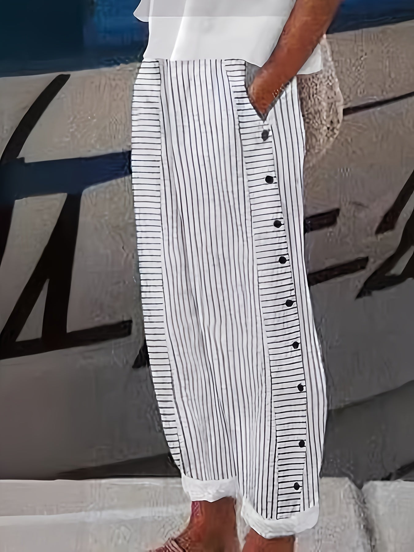 Women's Striped Straight Leg Casual Trousers – Classic Western Style Spring Summer Pants with Pockets for Everyday & Smart Casual Wear