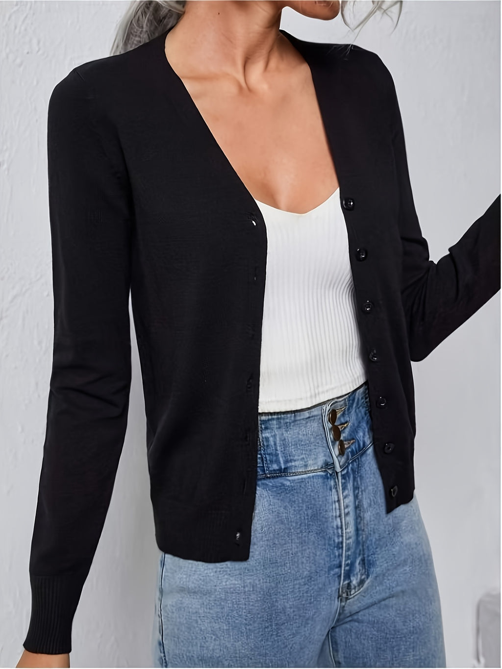 Women's Elegant V-Neck Button Knit Cardigan – High-End Solid Color Medium Stretch Jersey Sweater Office Casual Outerwear Fall Winter Layering Top