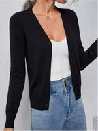 Women's Elegant V-Neck Button Knit Cardigan – High-End Solid Color Medium Stretch Jersey Sweater Office Casual Outerwear Fall Winter Layering Top