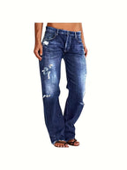 Women's Ripped Flare Wide Leg Jeans – Distressed Stretch Denim, Fashion Streetwear Casual Pants, Light Blue & Dark Blue, Sizes XS-XXL