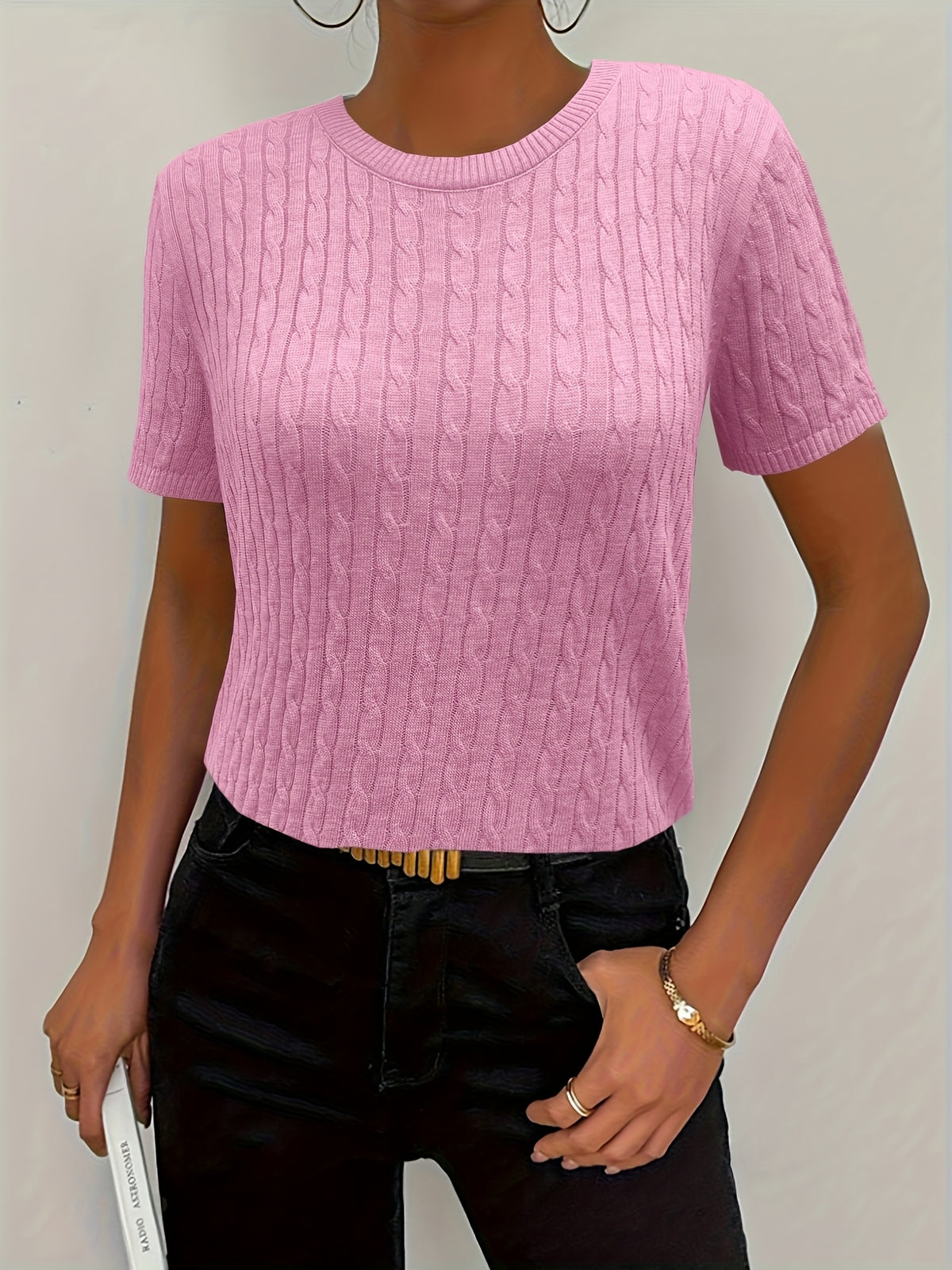 Women's Ribbed Knit Short Sleeve Pullover Top | Crew Neck Minimalist Casual Summer T-Shirt Versatile Stretch Comfort