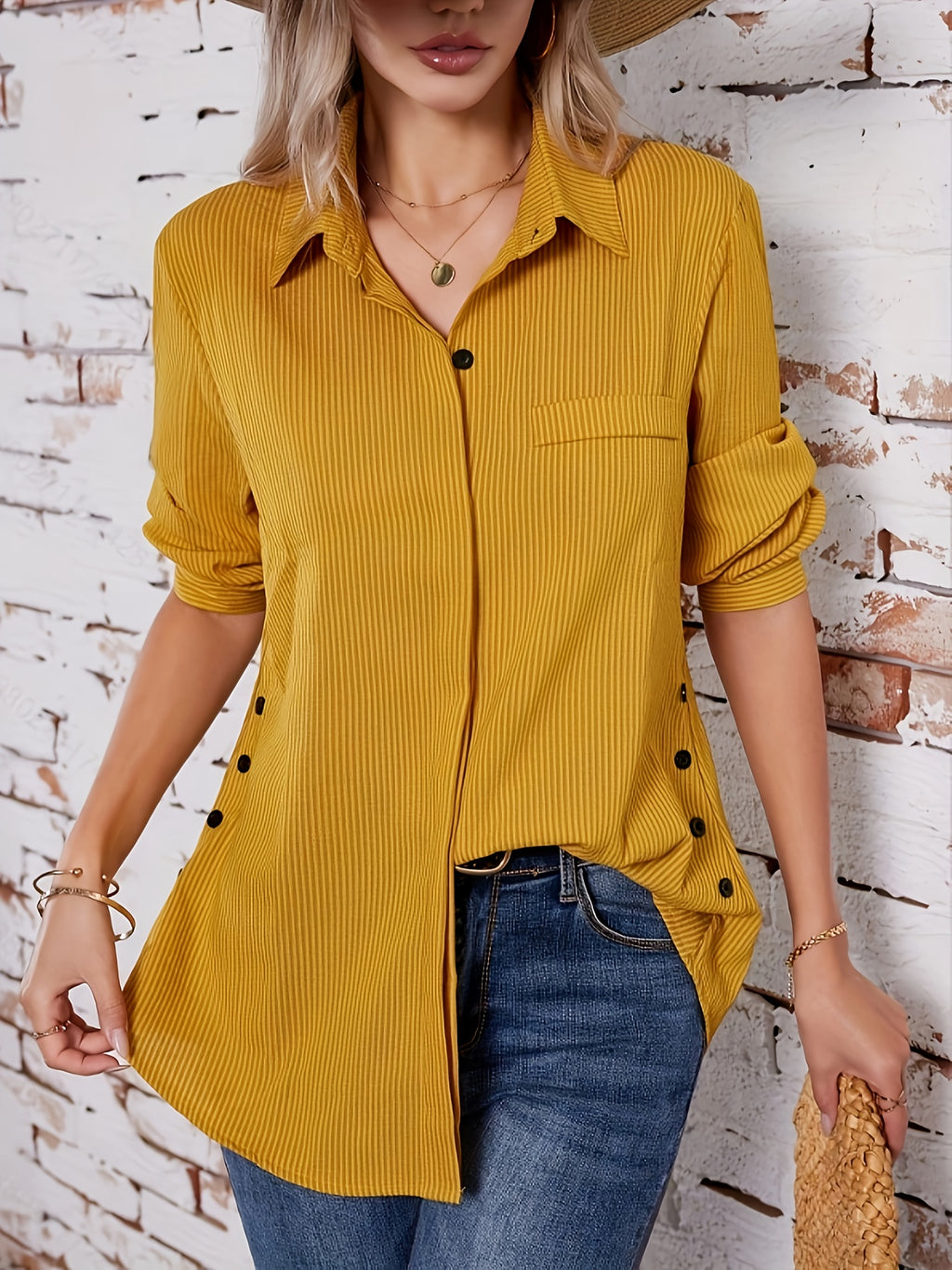 Women's Long Sleeve Striped Button-Up Shirt Lapel Collar Faux Pocket Casual Loose Blouse Top Yellow Olive Green Spring Fall S M L XL XXL