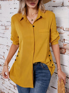 Women's Long Sleeve Striped Button-Up Shirt Lapel Collar Faux Pocket Casual Loose Blouse Top Yellow Olive Green Spring Fall S M L XL XXL
