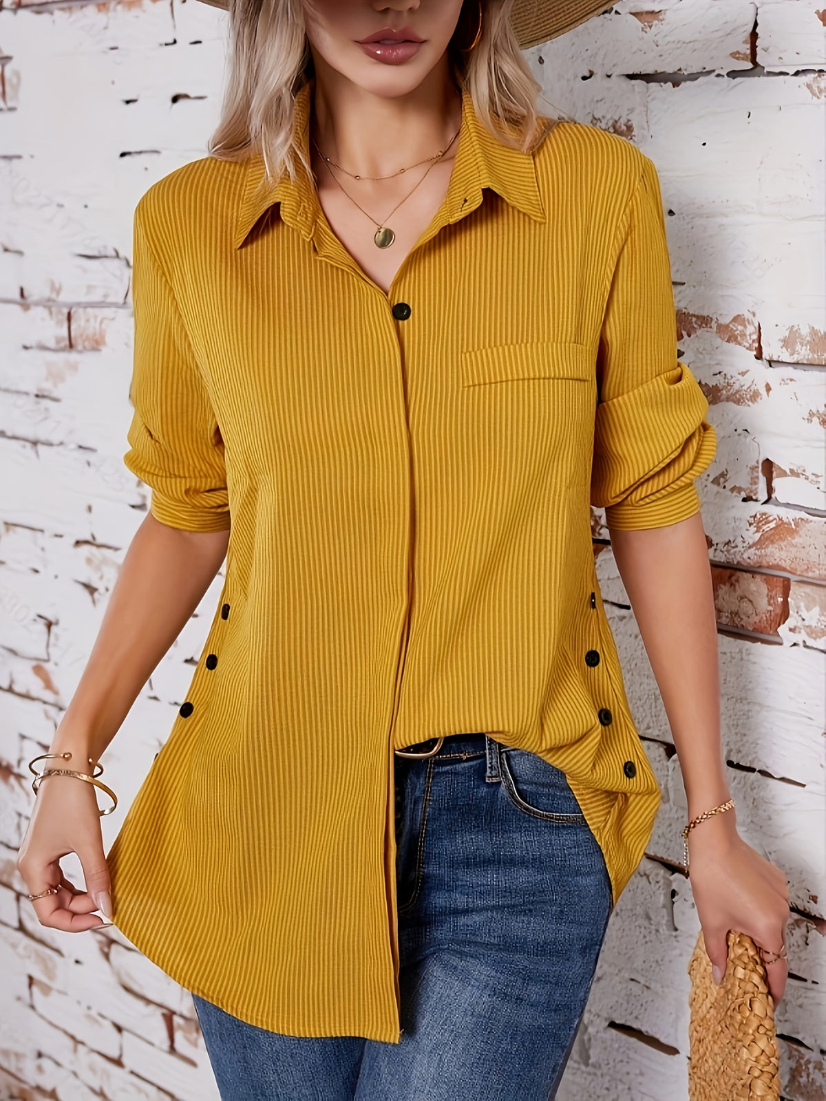 Women's Long Sleeve Striped Button-Up Shirt Lapel Collar Faux Pocket Casual Loose Blouse Top Yellow Olive Green Spring Fall S M L XL XXL