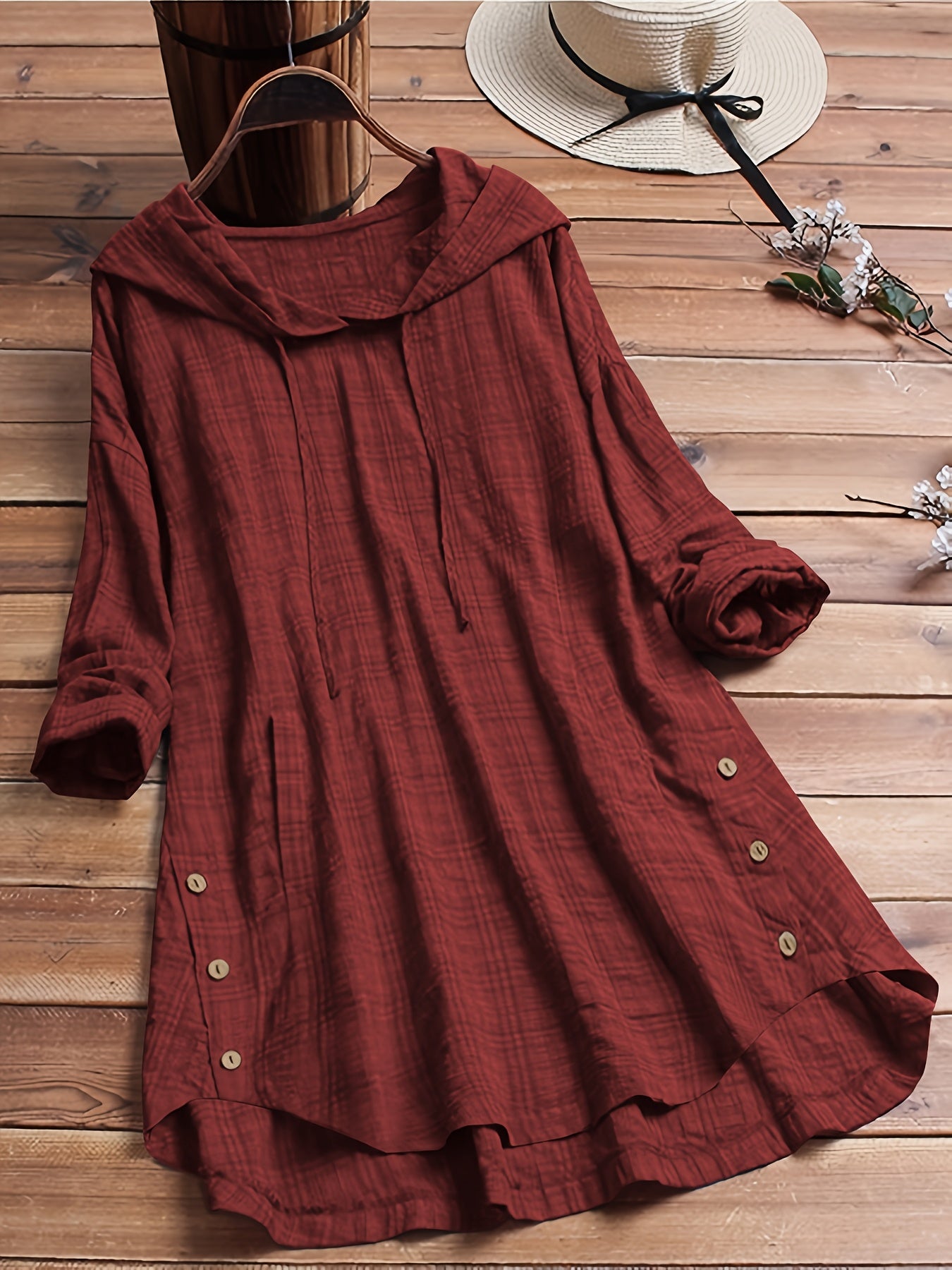 Women's Plaid Hooded Long Sleeve Drawstring Shirt | Asymmetrical Hem Waist-Tied Blouse Casual Autumn Outerwear Top