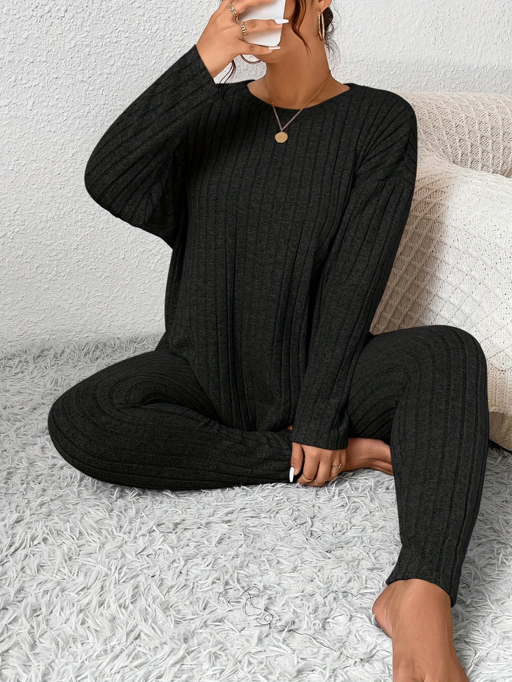 Women's Ribbed Two-Piece Set – Casual Soft 100% Polyester Crew Neck Long Sleeve Top & Pants Micro-Stretch Commuter Fashion Spring Fall Outfit