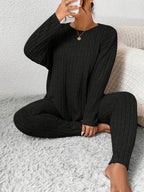 Women's Ribbed Two-Piece Set – Casual Soft 100% Polyester Crew Neck Long Sleeve Top & Pants Micro-Stretch Commuter Fashion Spring Fall Outfit