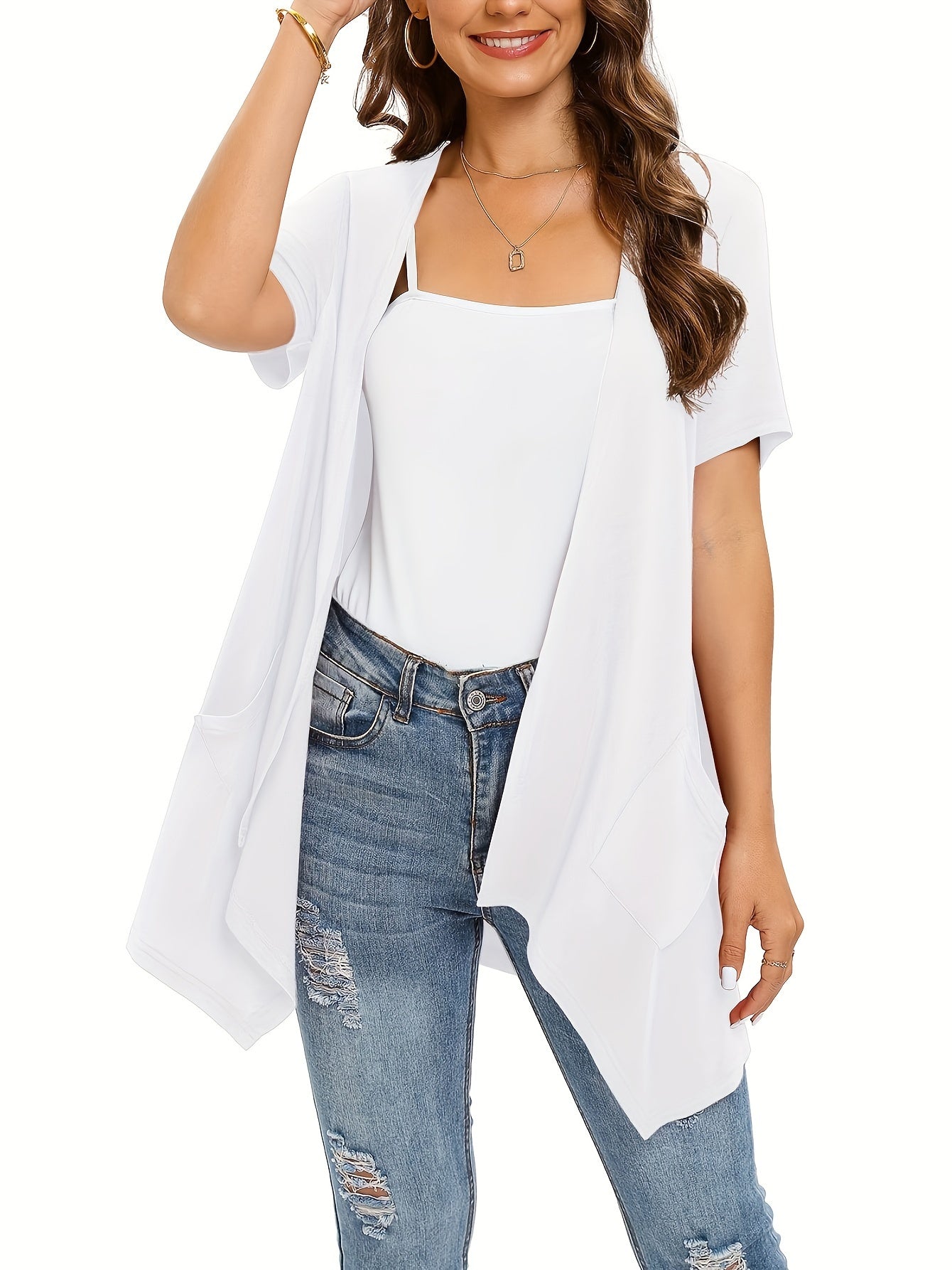 Women's Dual Pockets Open Front Coat Short Sleeve Halter Neck Asymmetrical Hem Knit Cardigan - Casual Lightweight Outerwear for Spring Summer Beach Vacation