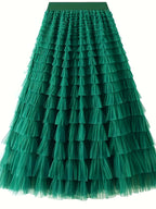 Women's Elegant Mesh Long Cake Skirt – A-Line Flared Hem Contrast Mesh Elastic Waist Maxi Skirt for Fall, Winter & Formal Occasions