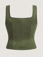 Vintage Lace-Up Drawstring Vest Women Elegant Woven Top Sleeveless Blouse Spring Summer Fall Khaki Green S M L XL