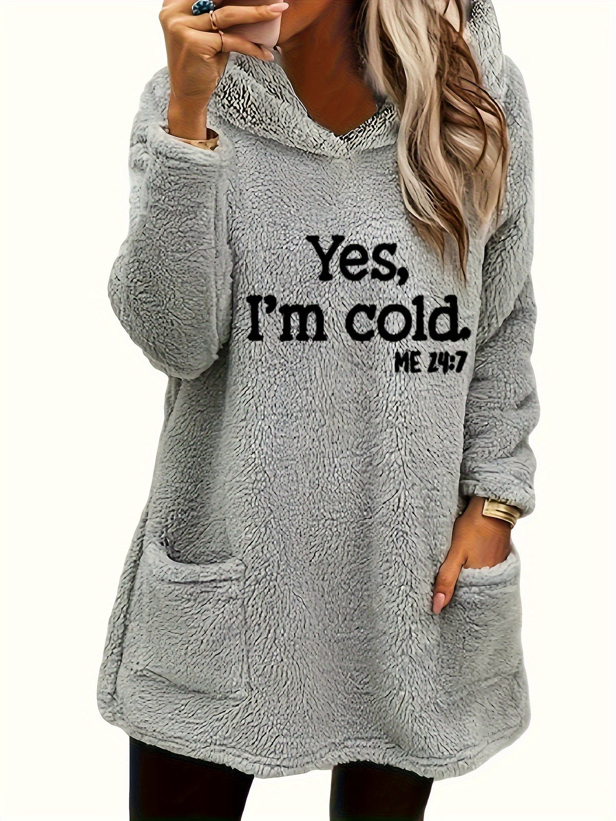 Women's "Yes I'm Cold" Teddy Bear Graphic Hooded Sweatshirt – Cozy Fleece-Lined Pullover Hoodie Double Pocket Long Sleeve 100% Polyester Fall Winter Casual Top