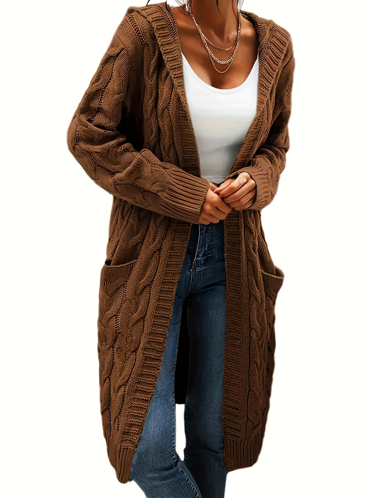Women's Collarless Knit Cardigan – Minimalist Solid Color Polyester Casual Open Layer for Fall & Winter in 19 Colors