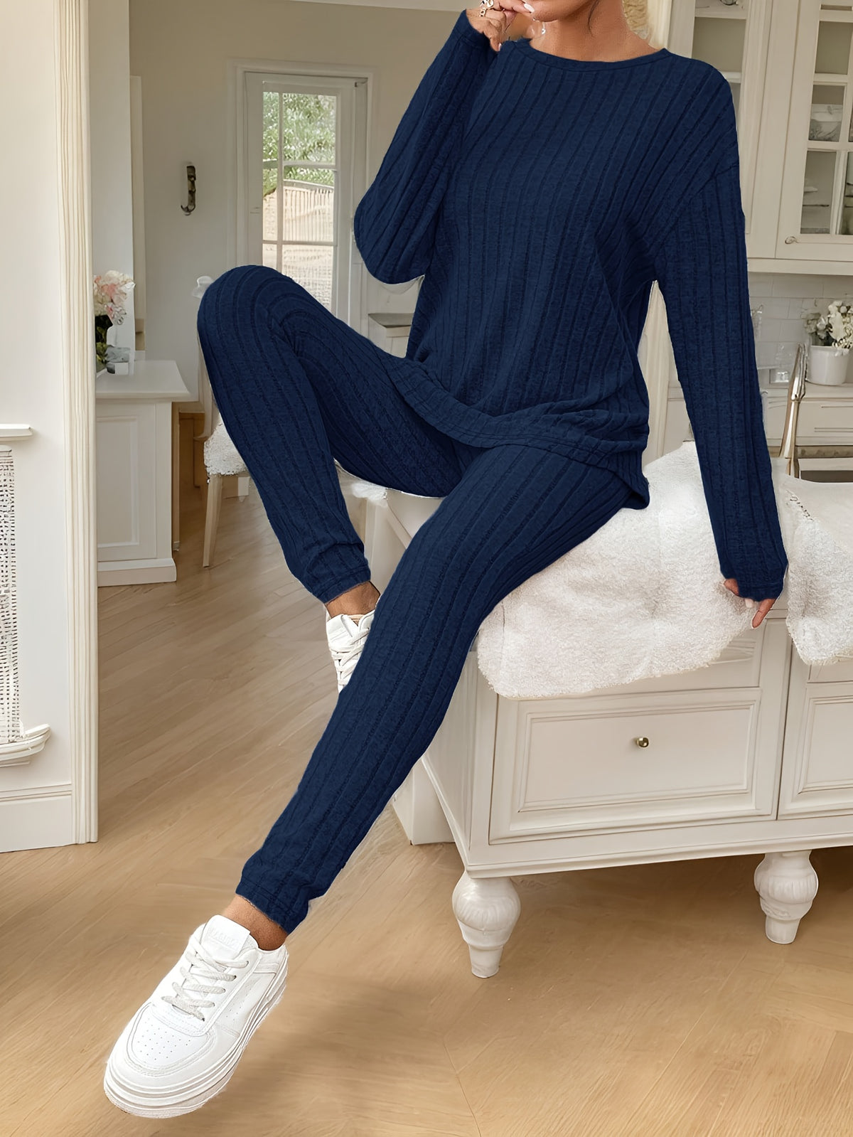 Women's Ribbed Two-Piece Set – Casual Soft 100% Polyester Crew Neck Long Sleeve Top & Pants Micro-Stretch Commuter Fashion Spring Fall Outfit