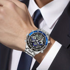 Men's Vintage Business Chronograph Watch with Steel Band – Dual Movement Waterproof Wristwatch with Band Adjustment Tool Father's Day Birthday Gift for Men