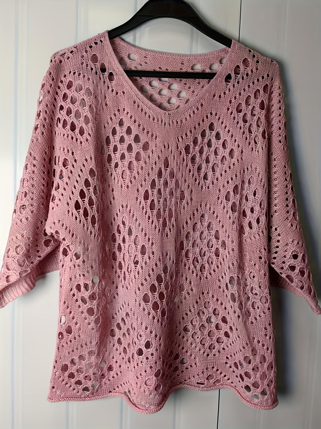 Bohemian V-Neck Openwork Sweater Women 3/4 Sleeve Lightweight Pullover Spring Summer Fall Casual Tops US Warehouse