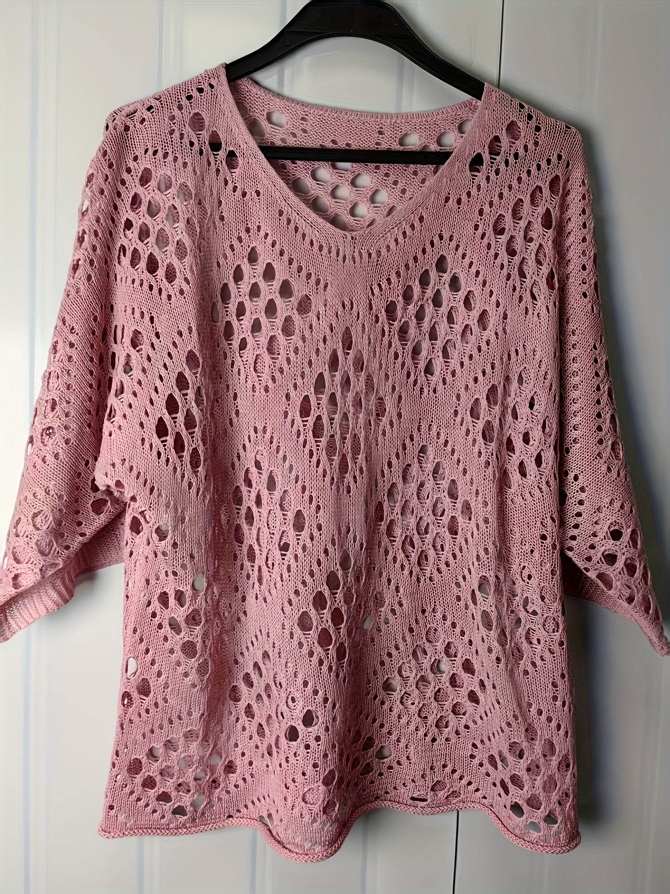 Bohemian V-Neck Openwork Sweater Women 3/4 Sleeve Lightweight Pullover Spring Summer Fall Casual Tops US Warehouse