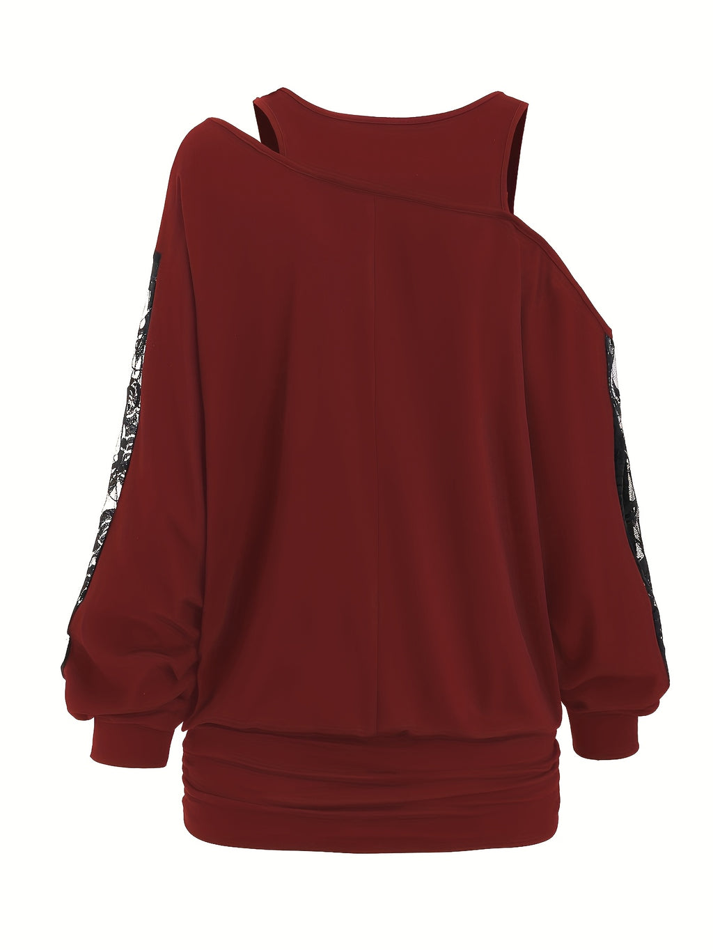 Lace Splicing Long Sleeve Top Women Casual Loose Knit Shirt Fall Winter Contrast Lace Panel Blouse Black Deep Red Olive Green Dark Gray S M L XL XXL