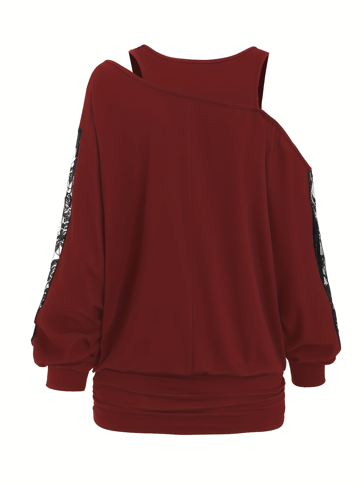 Lace Splicing Long Sleeve Top Women Casual Loose Knit Shirt Fall Winter Contrast Lace Panel Blouse Black Deep Red Olive Green Dark Gray S M L XL XXL