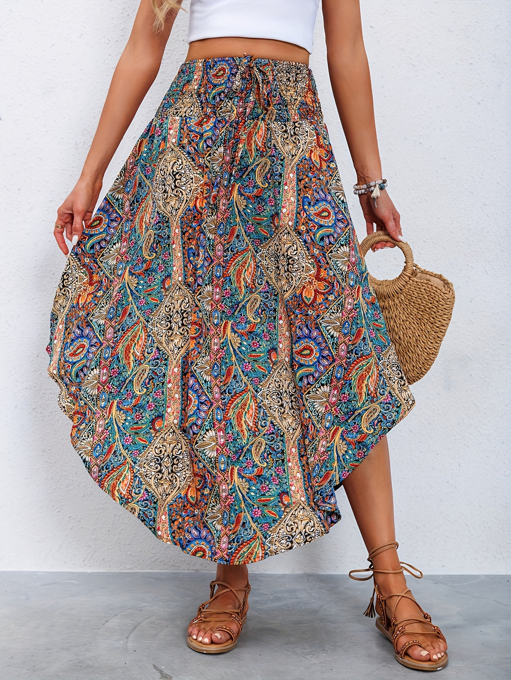 Women's High-Waisted Pleated Skirt – Stylish Printed Curved Hem Casual Midi Skirt for Summer, Spring & Everyday Wear