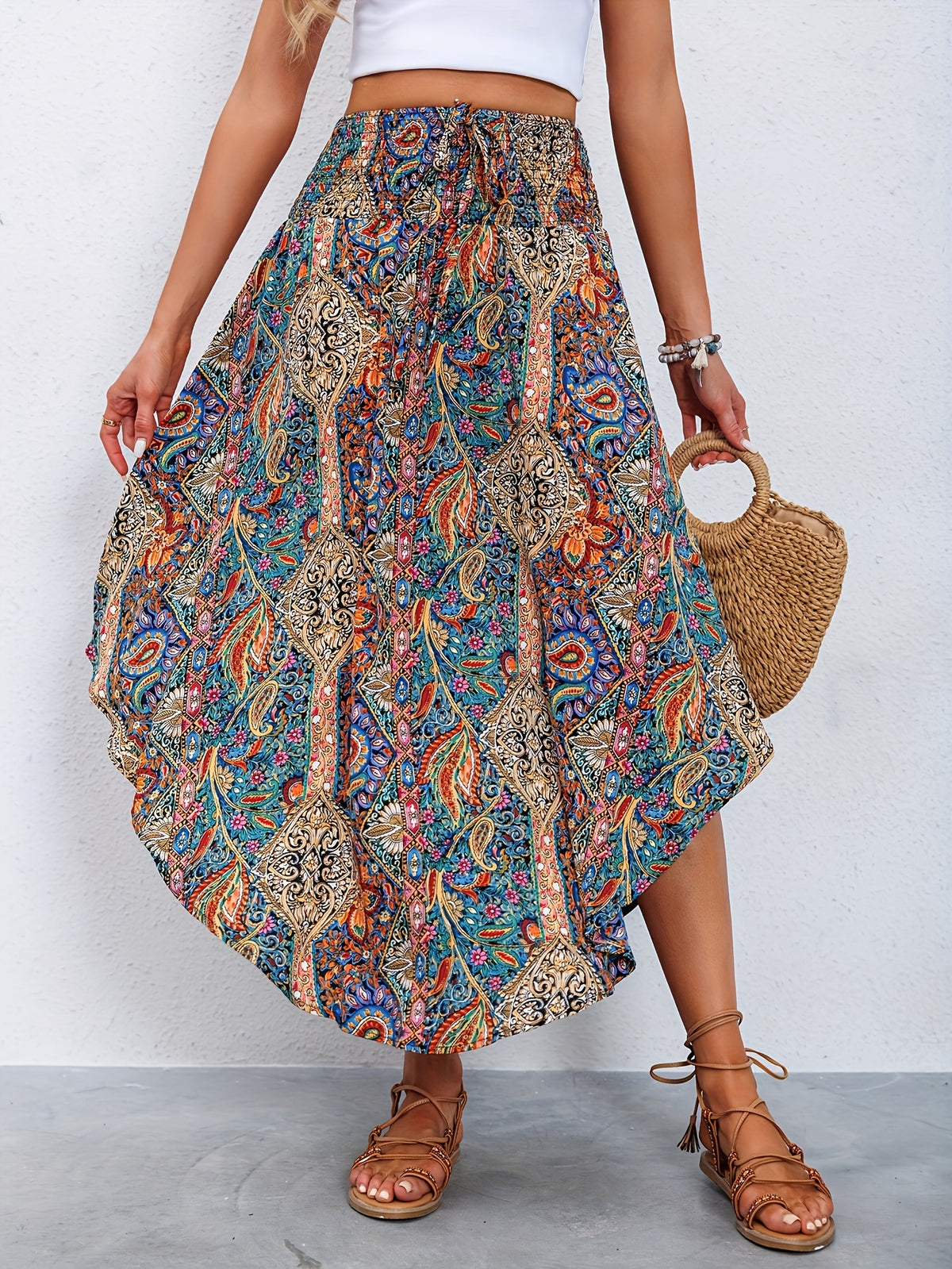 Women's High-Waisted Pleated Skirt – Stylish Printed Curved Hem Casual Midi Skirt for Summer, Spring & Everyday Wear