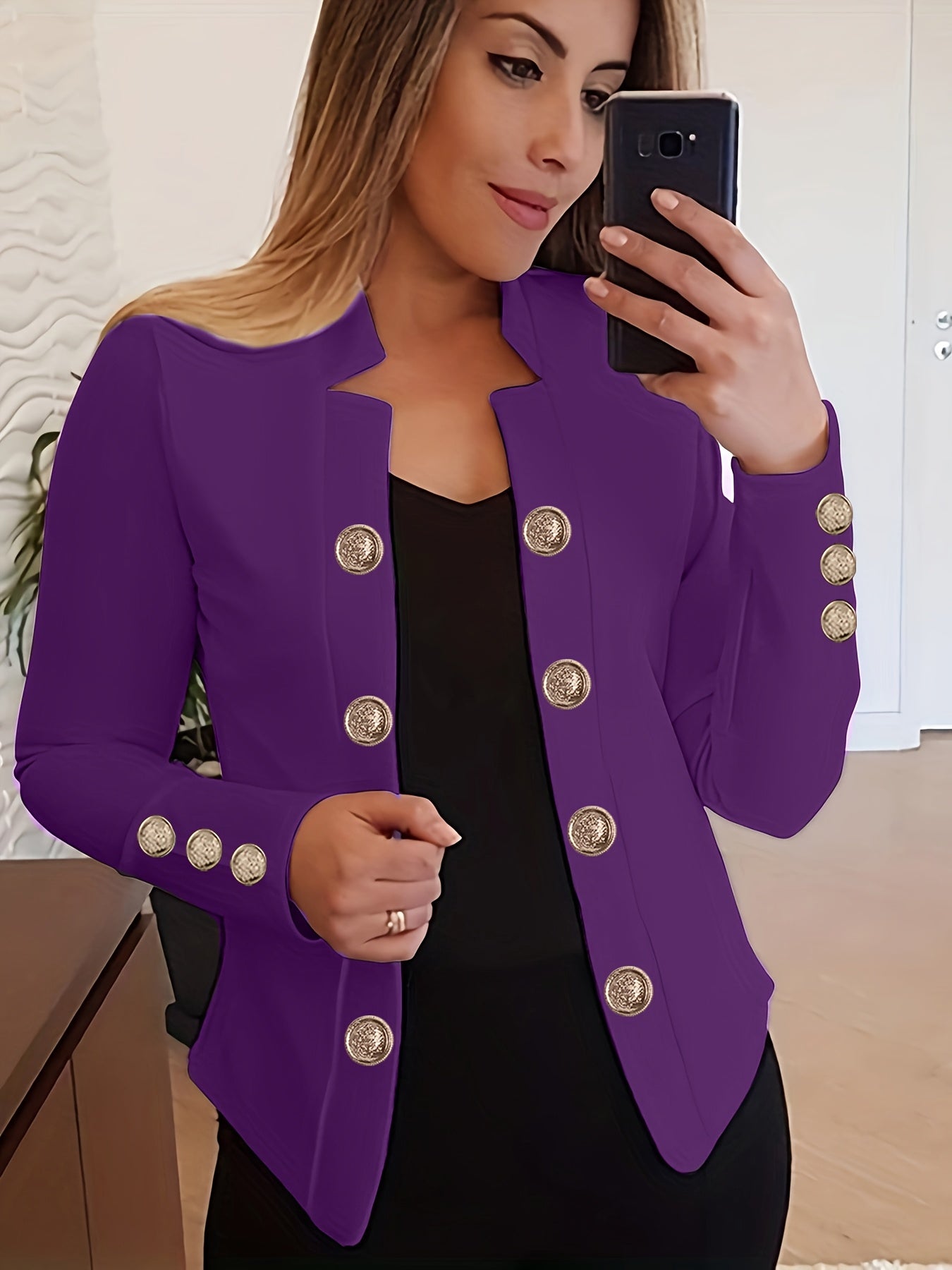 Women's Solid Color Long Sleeve Casual Jacket | Lapel Button Lightweight Stretch Blazer Coat for Spring Fall Everyday Outerwear