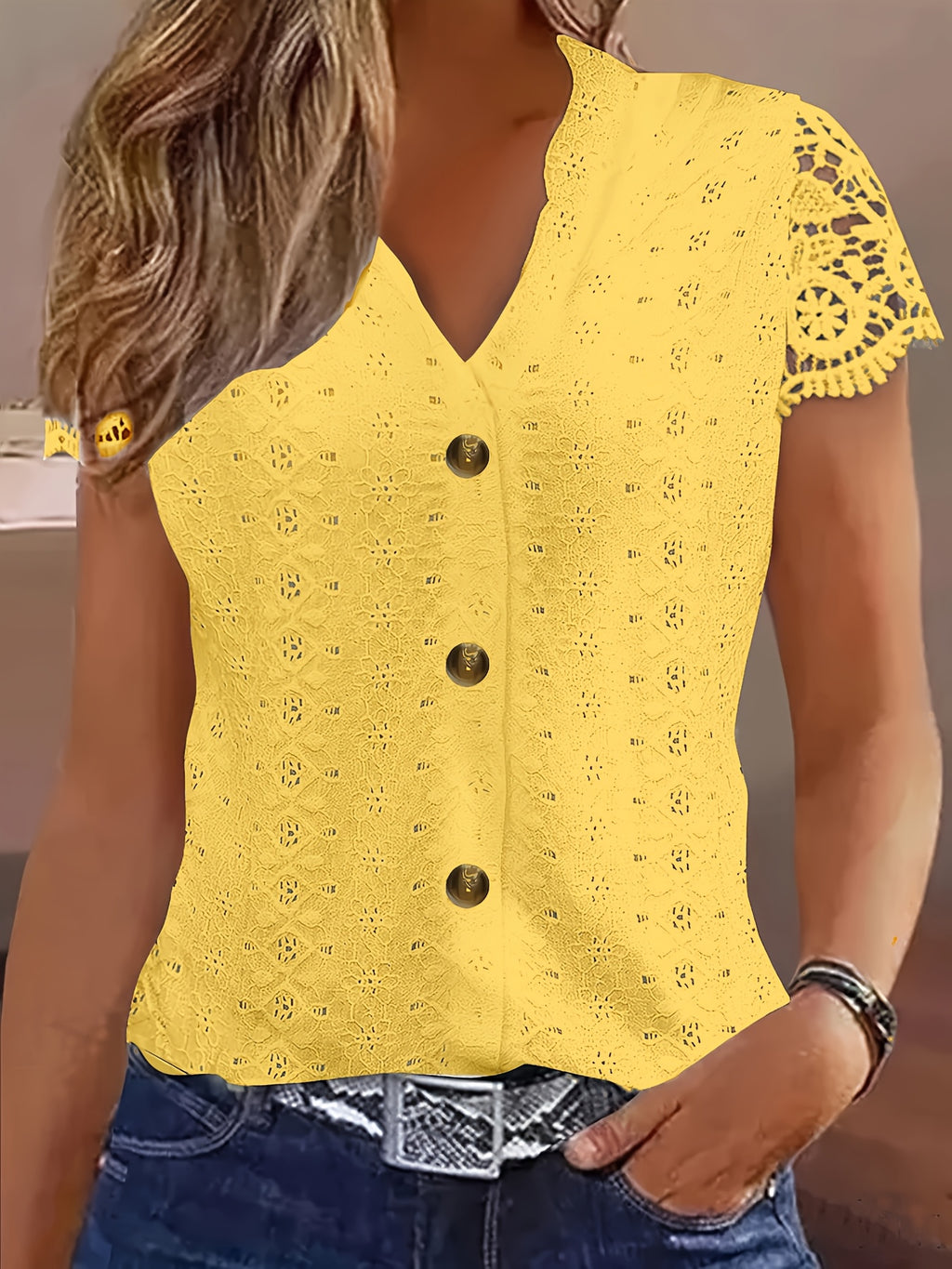 Lace Patchwork V-Neck Blouse Women Hollow Out Eyelet Button Down Short Sleeve Summer Top Casual Elegant Fitted Shirt White Black Pink Khaki Green S-XXL