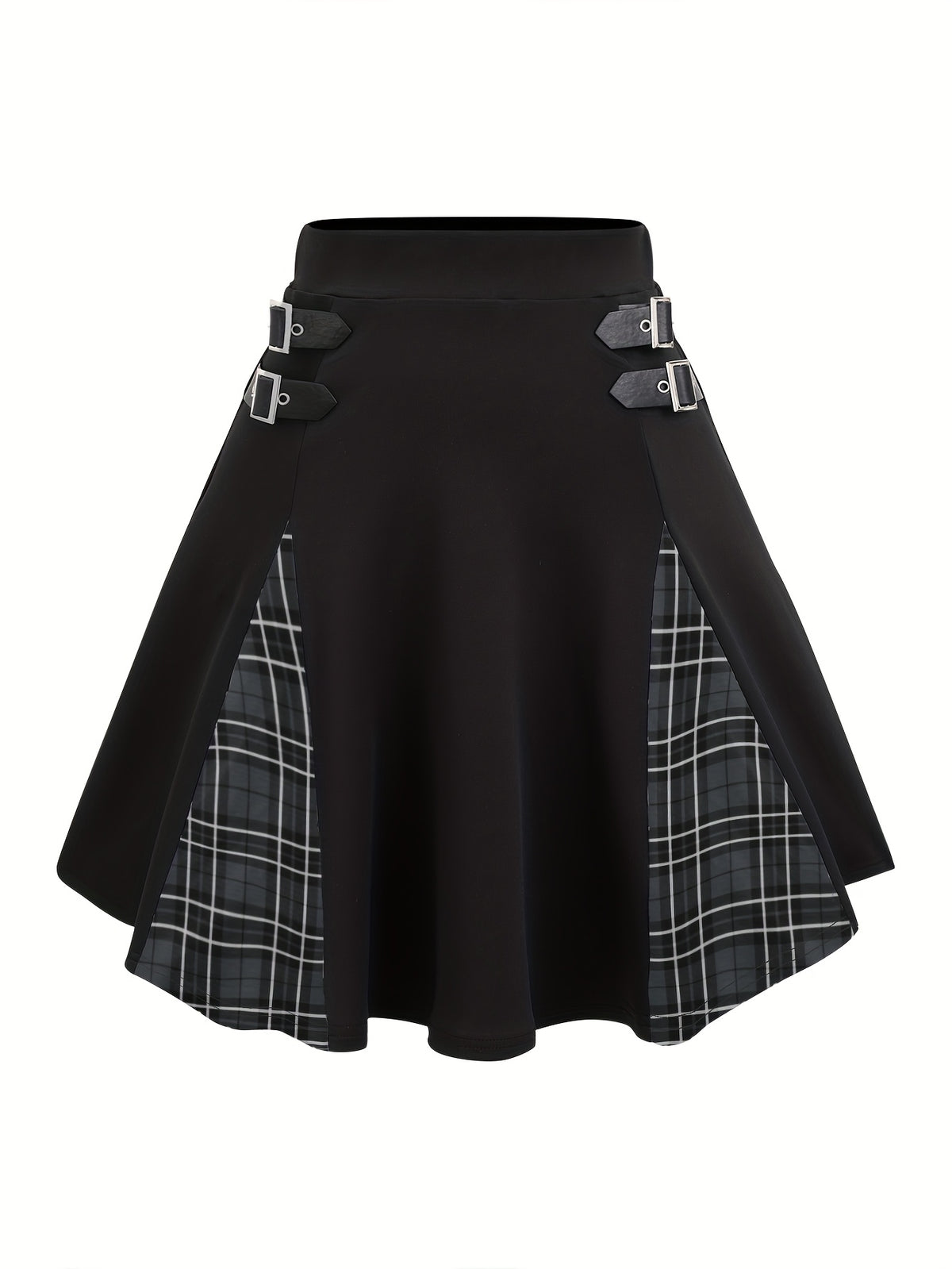 Gothic Plaid Buckle High Waisted A-Line Mini Skirt Women Y2K Gingham Color Block Knit Skirt Black Gray Red Blue Purple S M L XL XXL