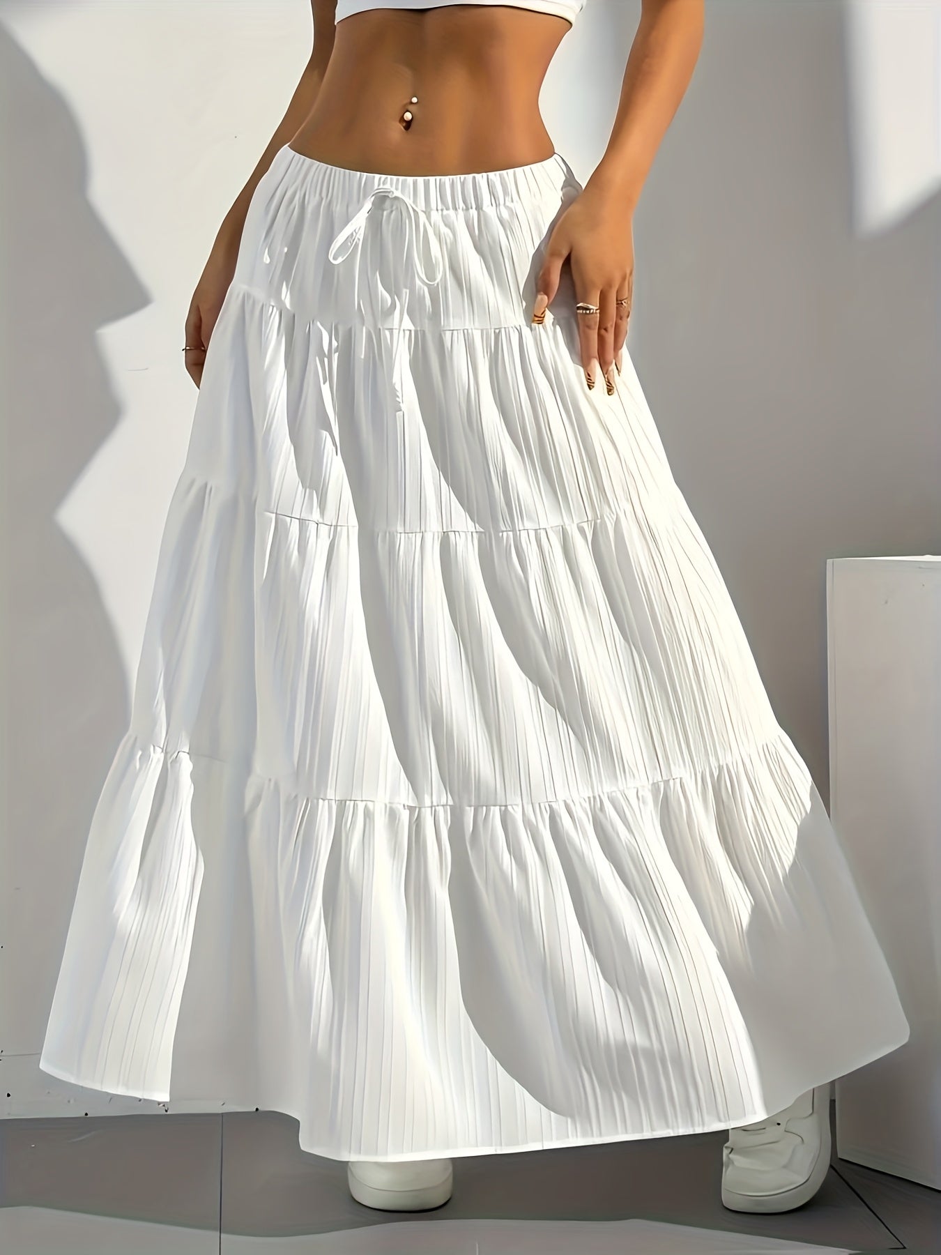 Women's Solid Color Tie-Back Flared A-Line Midi Skirt – Elegant Loose Swing Skirt Western Fashion Spring Summer Fall Casual Chic Half Skirt