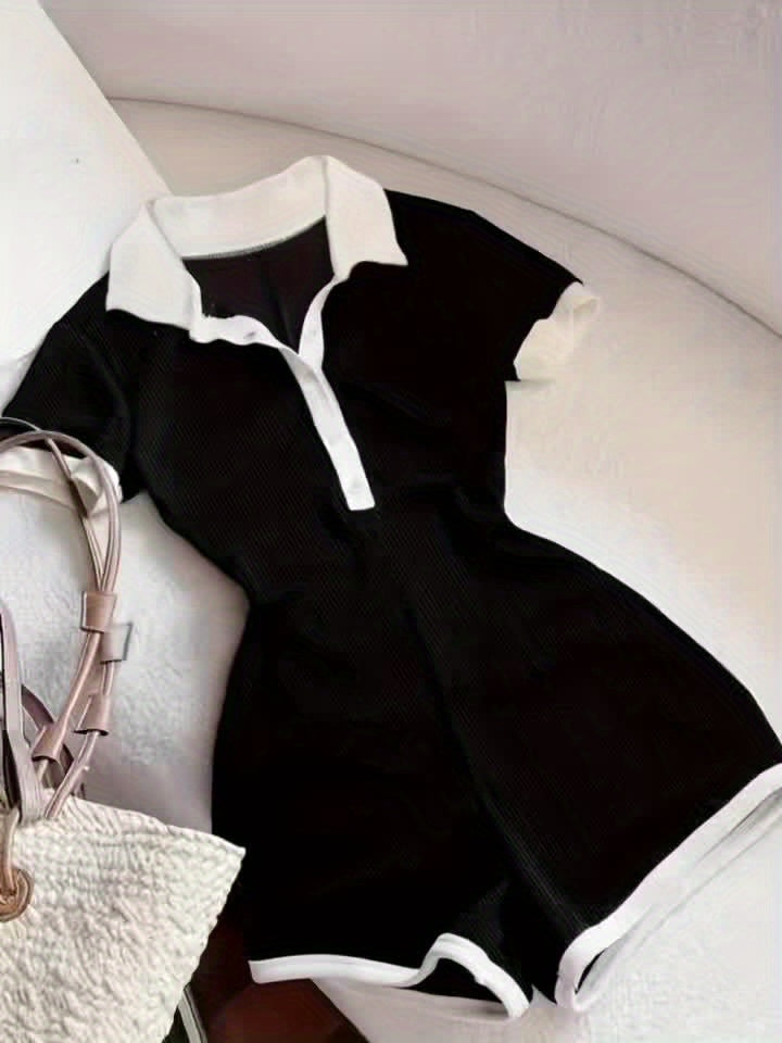 Women Color Block Bodysuit Y2K Lapel Collar Casual Stretch Fitted One Piece Top Black XS S M L XL XXL