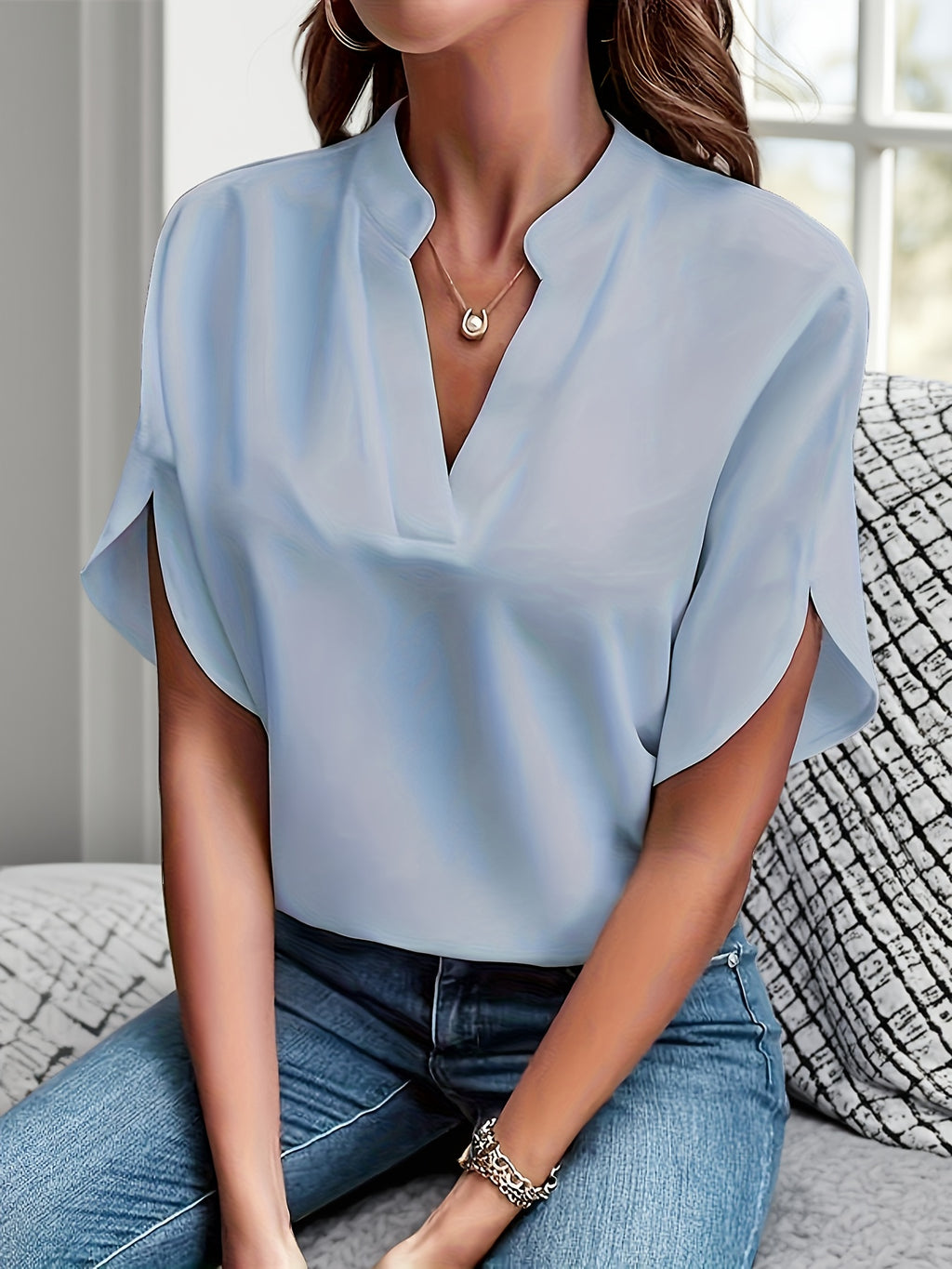 Women's V-Neck Batwing Sleeve Blouse Loose Fit Solid Color Pullover Top - Casual Commuter Style for Spring Summer Fall | Lightweight Breathable Shirt