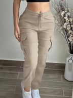 Women's Drawstring Waist Cargo Pants with Pockets - Solid Color Woven Polyester Casual Long Pants for Weekend Outdoor Wear