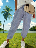 Women's High-Waisted Wide Leg Pants - Casual Loose Fit Side Stripe Trousers, Lightweight Breathable Polyester Fabric for Everyday Wear, Sizes S-XXL, Black Brown Green Blue Red