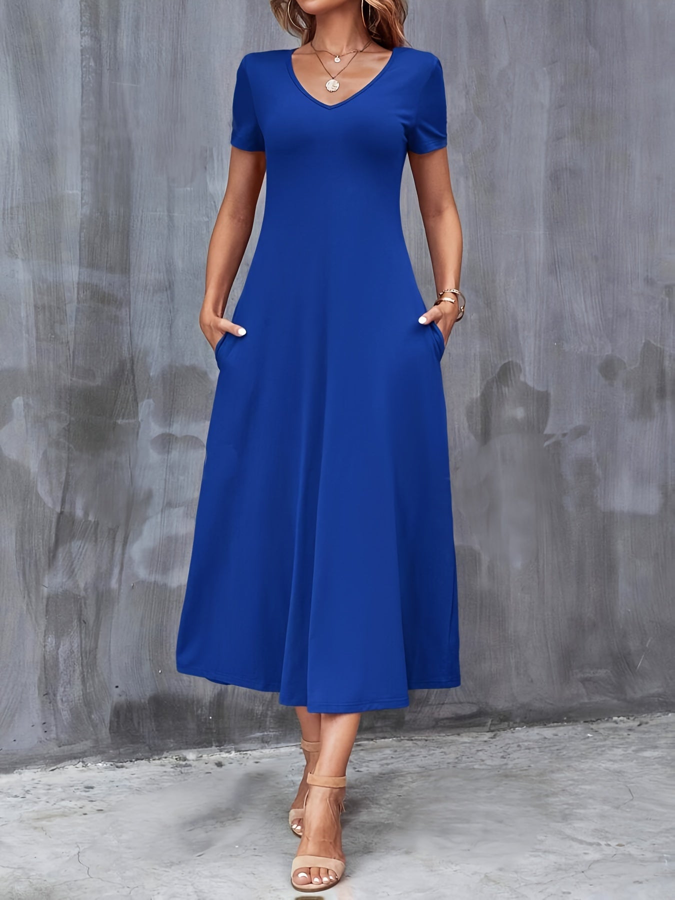 V-Neck A-Line Dress with Pockets Women Short Sleeve Casual Solid Color Knit Stretch Machine Washable Blue Black Navy Burgundy Olive Dark Green S M L XL XXL