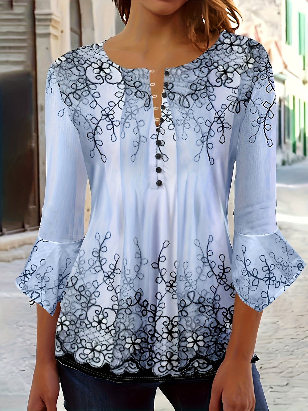 Floral Print Button-Front Blouse Women Ruffle Flare Sleeve Casual Tunic Top Soft Stretch Knit Fabric Spring Summer Fall S-XXL Machine Washable