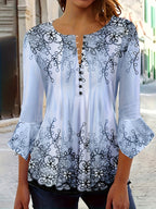 Floral Print Button-Front Blouse Women Ruffle Flare Sleeve Casual Tunic Top Soft Stretch Knit Fabric Spring Summer Fall S-XXL Machine Washable