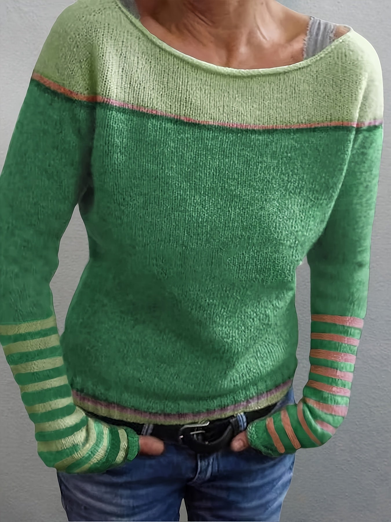 Women's Asymmetric Color Block Stripe Knit Sweater Long Sleeve - Off Shoulder Wide Neck Patchwork Pullover, Casual Chic Spring Fall Top in Grey Blue Green Purple S-XL