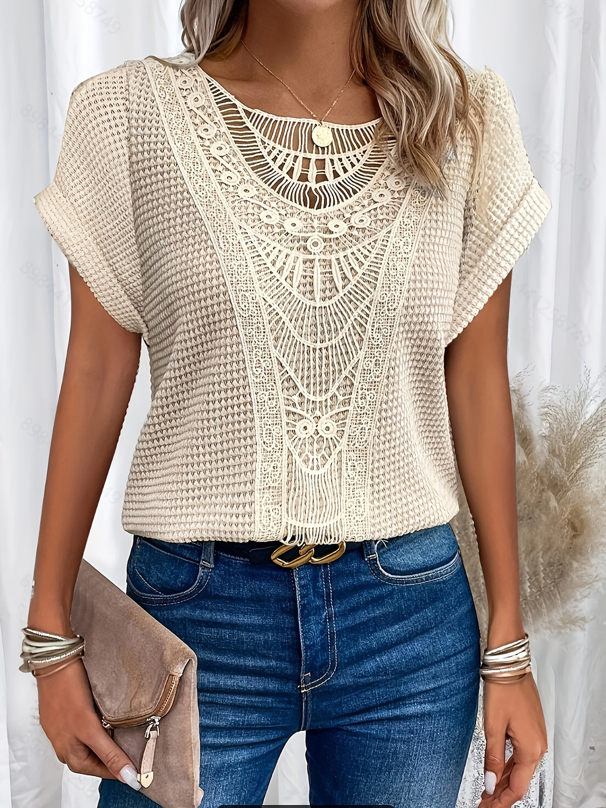 Women's Batwing Sleeve Lace Trim Pullover Blouse – Breathable Semi-Sheer Elegant Knit Top Relaxed H-Line Fit Machine Washable All-Season Casual Chic Shirt